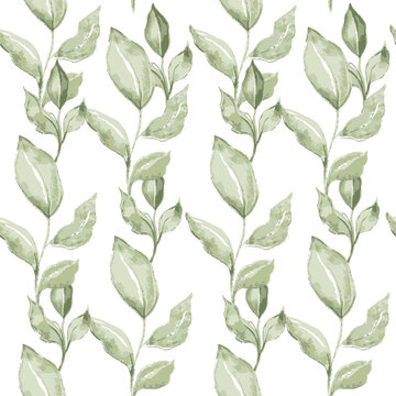 Spring background with green leaves seamless pattern. Vector illustration. watercolor background