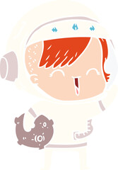 flat color style cartoon happy spacegirl holding moon rock