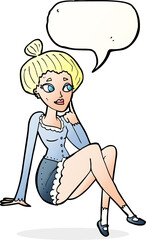 cartoon attractive woman sitting thinking with speech bubble