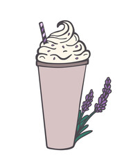 drawing lavender latte.  Drink with lavender flowers, illustration