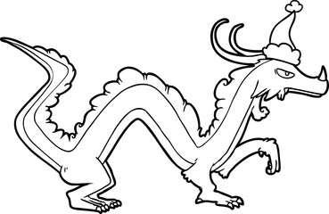 hand drawn line drawing of a dragon wearing santa hat