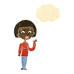 cartoon woman waving with thought bubble