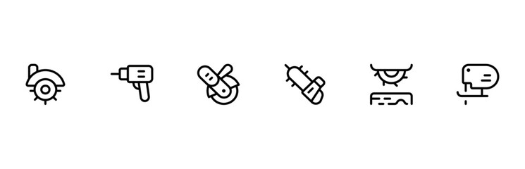 power tools icon set, drill machine, electric planer, impact wrench driver, angle grinder tools editable Stroke line icons and Suitable for Web Page, Mobile App, UI, UX design.