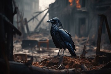 Obraz premium A striking depiction of a raven in a ruined world, ideal for environmental and disaster themes. Generative AI