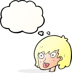 cartoon happy female face with thought bubble