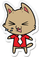 sticker of a cartoon cat wearing shirt hissing