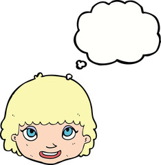 cartoon happy female face with thought bubble