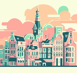 Obraz premium retro art, dutch city, Amsterdam, vector art, pastel colors.