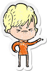 distressed sticker of a cartoon frustrated woman
