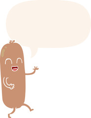 cartoon dancing sausage with speech bubble in retro style