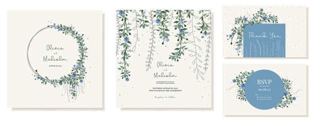 Rustic square wedding invitations with floral wreaths hanging down blue wildflowers with thank you cards. Vector template