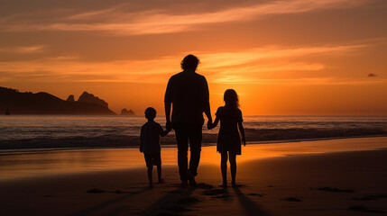 Silhouettes of happy family on the beach before sunset created with generative AI technology
