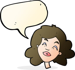 cartoon happy female face with speech bubble
