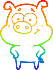 rainbow gradient line drawing of a happy cartoon pig