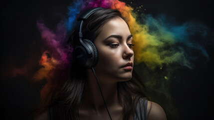 A beautiful girl in headphones listens to music, enjoying it created with generative AI technology