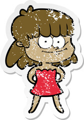 distressed sticker of a cartoon smiling woman