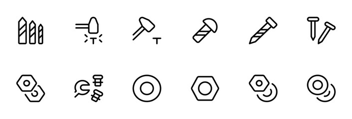 screw, bolt, washer, metalware, nut, diy, hexahedron, metal nail related icon and tools editable Stroke line icons and Suitable for Web Page, Mobile App, UI, UX design.