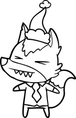 angry wolf boss hand drawn line drawing of a wearing santa hat