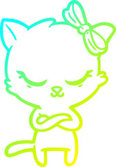 cold gradient line drawing of a cute cartoon cat with bow