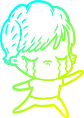 cold gradient line drawing of a cartoon woman crying