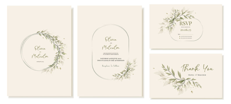 Wedding invitation templates with vector watercolor leaves in wreath with thank you card and RSVP. Rustic wedding inspired by nature. Vector