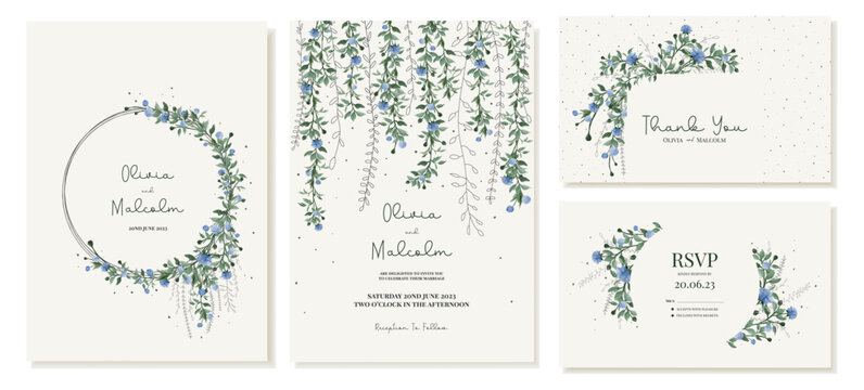 Rustic wedding thank you card and invitation templates with dangling vines, leaves and blue flowers in natural colors. Vector