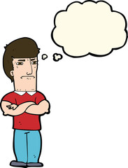 cartoon annoyed man with folded arms with thought bubble