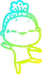 cold gradient line drawing of a cartoon peaceful old woman
