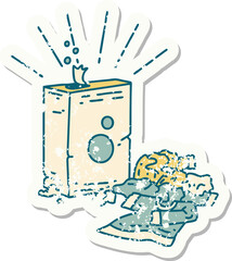 Obraz premium worn old sticker of a tattoo style detergent and pile of clothes