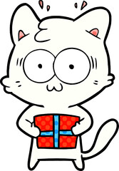 cartoon surprised cat with christmas present