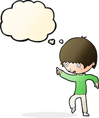 cartoon worried boy pointing with thought bubble