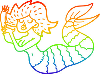 rainbow gradient line drawing of a cartoon woman mermaid