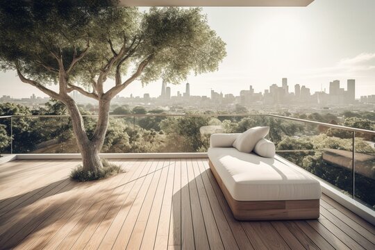 Contemporary wood deck overlooks urban skyline; furnished with elegant, white upholstered seating and tree planter. Generative AI