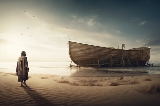 the Ark of Noah, a huge boat, salvation for the continuation of mankind, the chosen one, the way to paradise. God. Bible religion. History. Generative AI