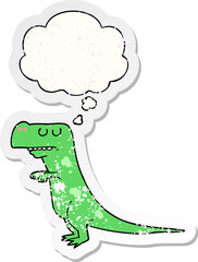 cartoon dinosaur with thought bubble as a distressed worn sticker