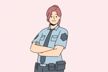 Foto op Canvas Smiling female police officer in uniform standing with arms crossed. Happy woman guard feeling confident show power and strength. Vector illustration.  © Dzianis Vasilyeu