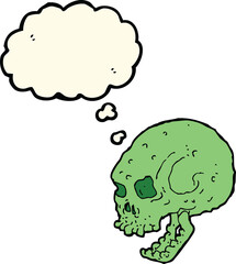 cartoon spooky skull with thought bubble