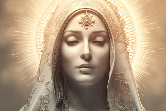 A painting of Mary in dark white and light gold style, mother of Jesus, Christianity, virgin mary, generative ai