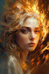 The painting of a woman with flames on her head, in the style of religious, generative ai