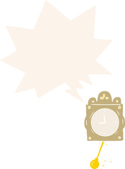 cartoon ticking clock with pendulum with speech bubble in retro style