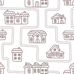 Cute seamless town pattern. Endless background with doodle houses and roads. Simple repeating print for baby clothes, wallpaper or bedding. Illustrations for the design of a kids bedroom or nursery.