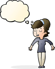 cartoon friendly woman shrugging shoulders with thought bubble