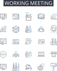 Working meeting line icons collection. Planning session, Team brainstorm, Creative workshop, Productive huddle, Brain dump, Collaboration session, Strategy summit vector and linear illustration. Idea
