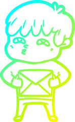 cold gradient line drawing of a cartoon curious man