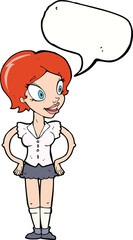 cartoon happy woman in short skirt with speech bubble