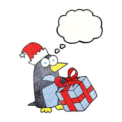 freehand drawn thought bubble textured cartoon christmas penguin