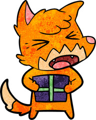 angry cartoon fox with christmas present