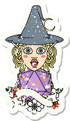 grunge sticker of a elf mage character with natural twenty dice roll