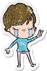 distressed sticker of a cartoon woman crying