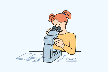 Smart little girl sit at desk in school look in microscope. Clever teen schoolgirl study item under microscope. Education and learning. Vector illustration. 